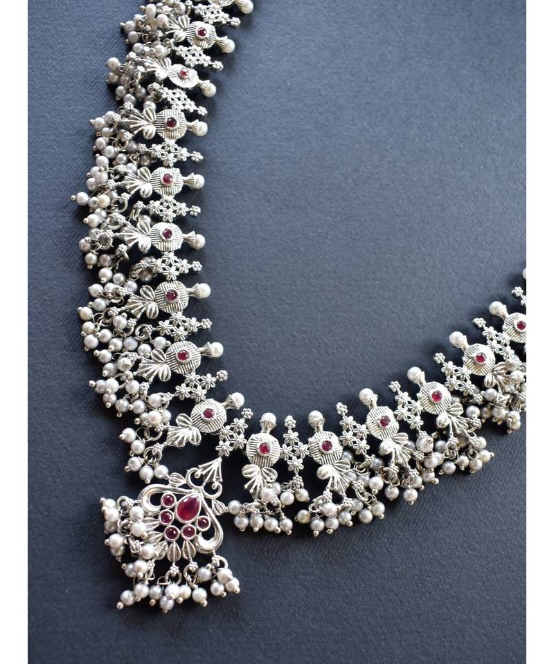 Temple Oxide Silver Clustered Pearl Necklace Set