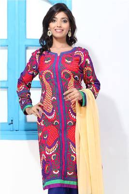 Fuchsia Pink Faux Georgette Embroidery Straight Suit 1