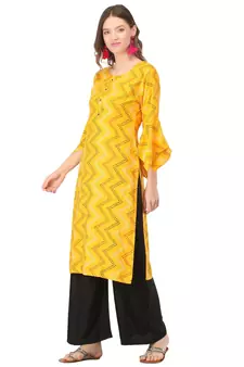 Yellow printed rayon kurtas-and-kurtis