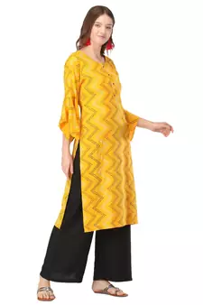 Yellow printed rayon kurtas-and-kurtis