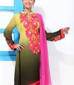 Olive Green and Yellow Shaded and Embroidery Suit