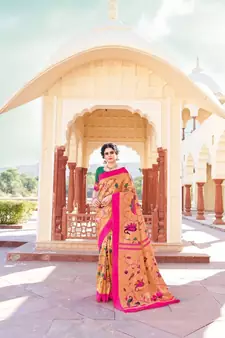 Pink Banarasi Style Paithani silk Saree With Golden Bordet With Blouse