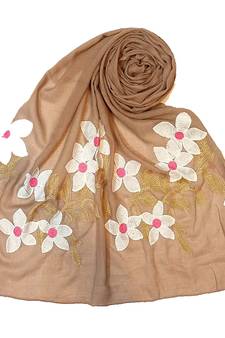 Limited Edition  Emboidered Flower Cotton Stole  Brown