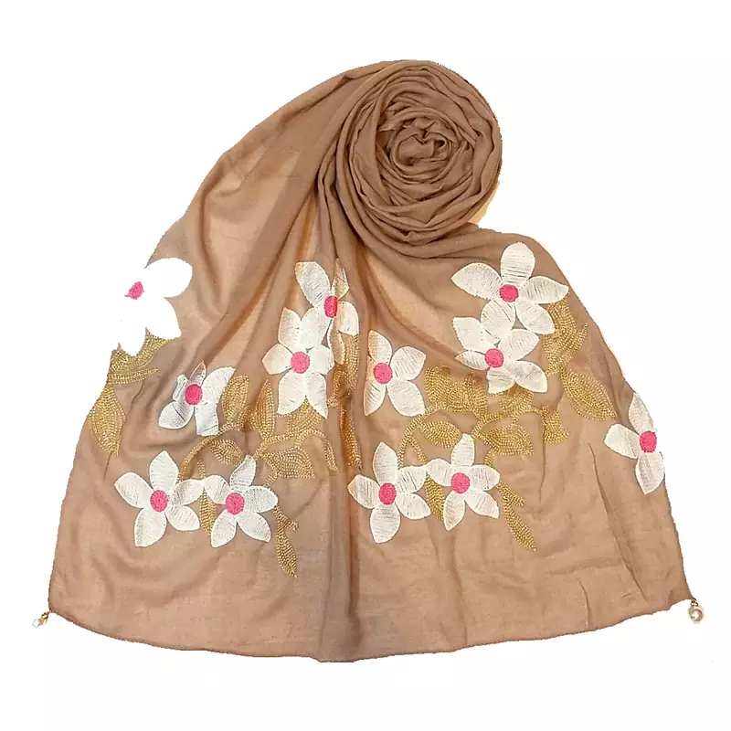 Limited Edition  Emboidered Flower Cotton Stole  Brown