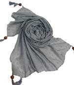 Designer Cotton Puff Checkered Stole's  Grey