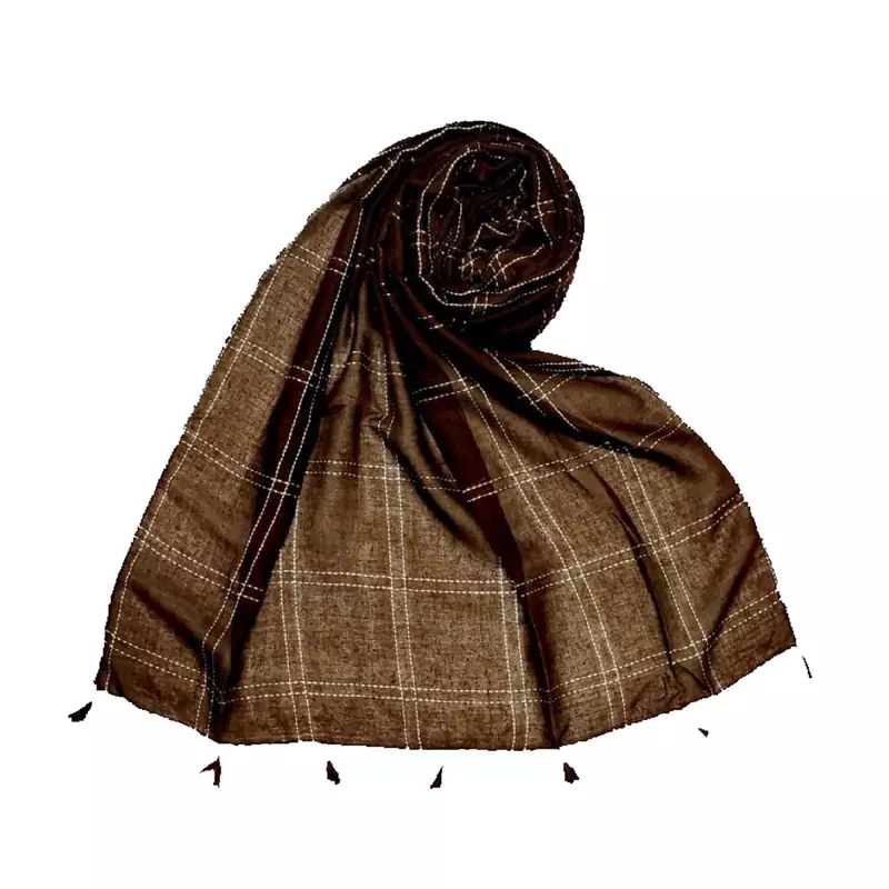 Hand Work White Threaded Grid Hijab  Brown