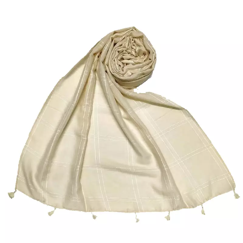 Hand Work White Threaded Grid Hijab  Cream