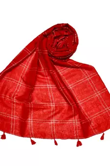 Hand Work White Threaded Grid Hijab  Red