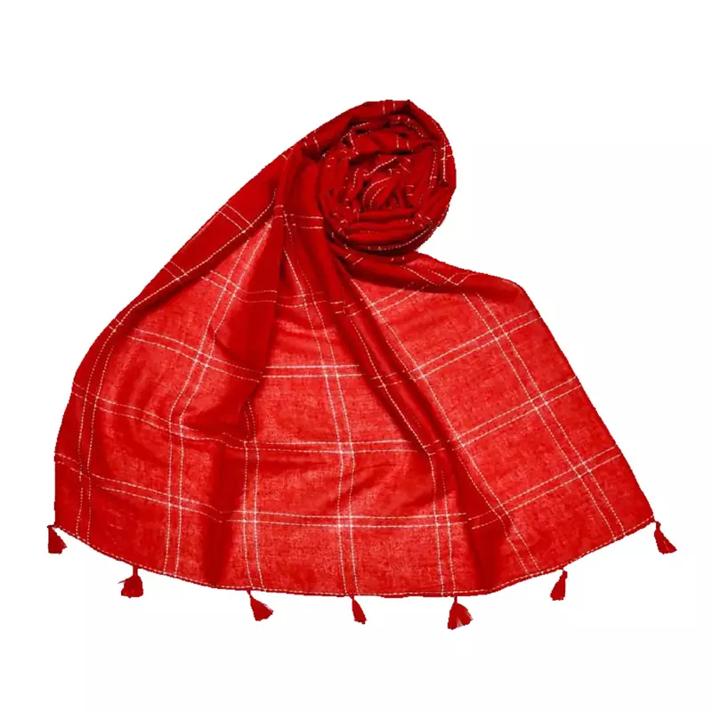 Hand Work White Threaded Grid Hijab  Red