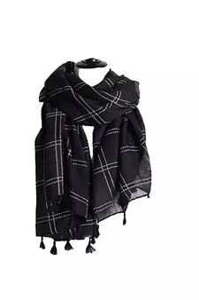 Designer Hand Work White Threaded Square Grid Hijab  Black