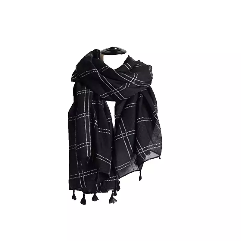 Designer Hand Work White Threaded Square Grid Hijab  Black