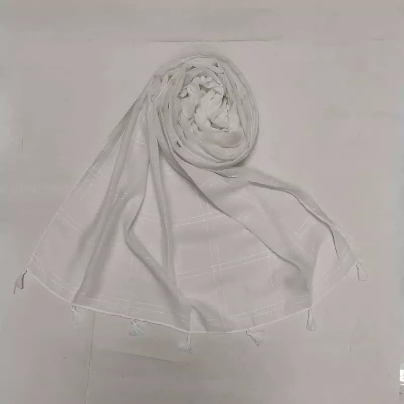 Designer Hand Work White Threaded Square Grid Hijab  White