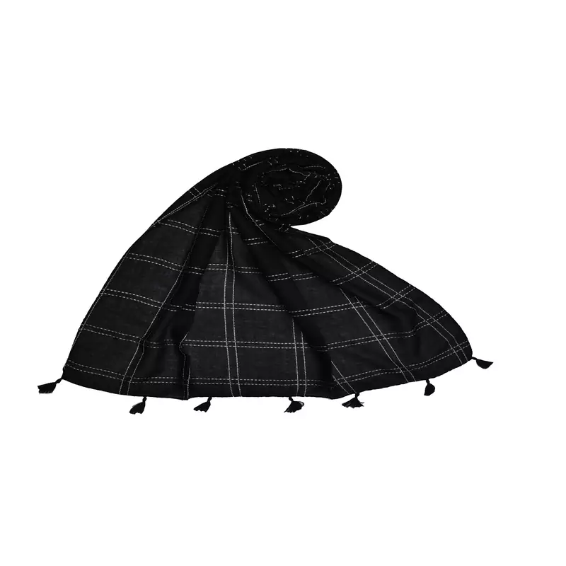 Designer Elegant Big Box Checkered Hijab With A Touch Of Cotton   With Exclusive Multiple Fringe's  Black