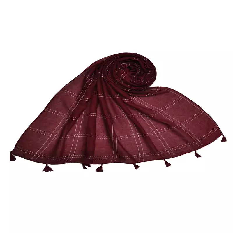 Designer Elegant Big Box Checkered Hijab With A Touch Of Cotton   With Exclusive Multiple Fringe's  Maroon