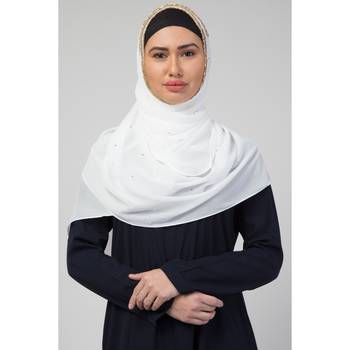 Georgette   Diamond Studed All Over The Hijab  Gold Diamond Over The Side's Of The Hijab  White 1