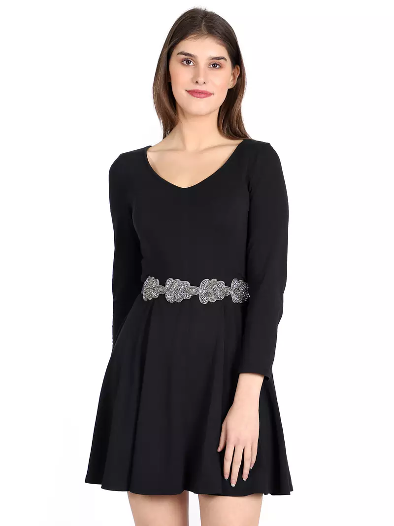 Anekaant Women's Canvas Embellished Stretchable Silver/Grey Belt