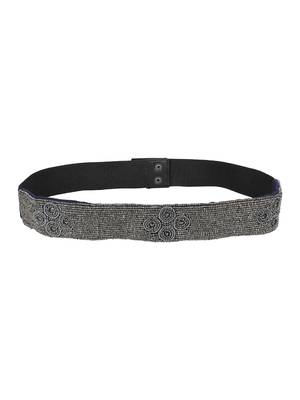 Women's Cotton & Leatherette Embellished w/ Beads Stretchable Black/Silver Belt 3