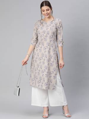 Beige printed cotton cotton-kurtis 1