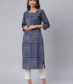 Navy-blue printed cotton cotton-kurtis