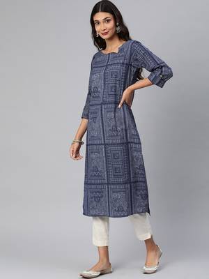 Navy-blue printed cotton cotton-kurtis 3