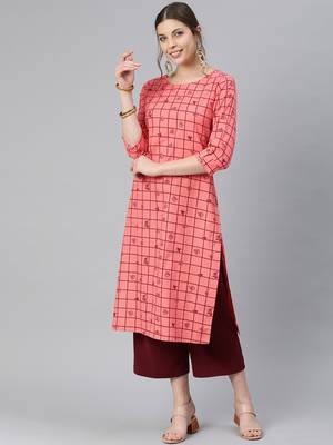 Peach Printed Cotton Cotton-Kurtis 1