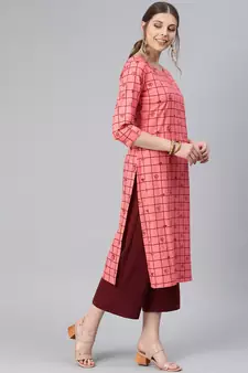 Peach Printed Cotton Cotton-Kurtis