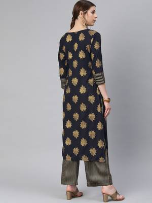 Rayon Foil Printed Navy Blue Straight Kurta And Palazzo Set 2