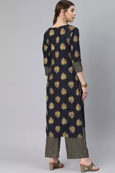Rayon Foil Printed Navy Blue Straight Kurta And Palazzo Set