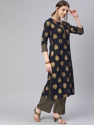 Rayon Foil Printed Navy Blue Straight Kurta And Palazzo Set 3