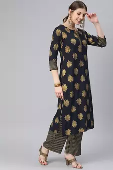 Rayon Foil Printed Navy Blue Straight Kurta And Palazzo Set