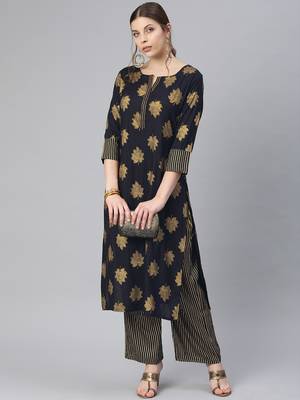 Rayon Foil Printed Navy Blue Straight Kurta And Palazzo Set 4