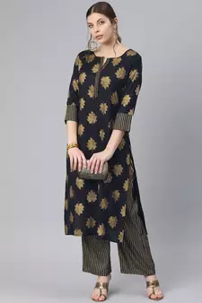 Rayon Foil Printed Navy Blue Straight Kurta And Palazzo Set