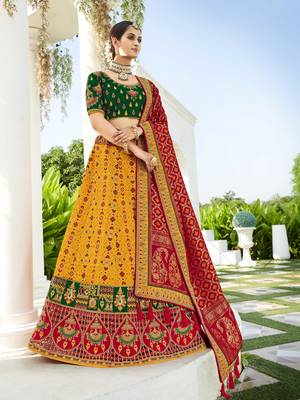 Mustard embroidered jacquard semi stitched lehenga 1