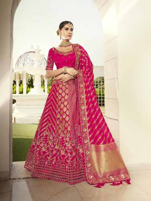 Rani-pink embroidered jacquard semi stitched lehenga 1