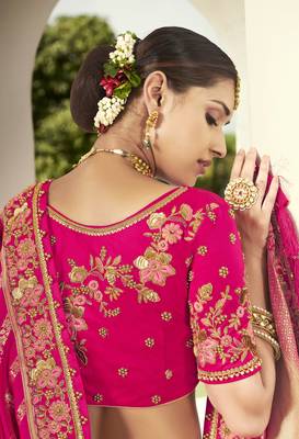 Rani-pink embroidered jacquard semi stitched lehenga 2
