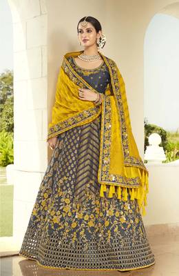 Dark-grey embroidered jacquard semi stitched lehenga 1
