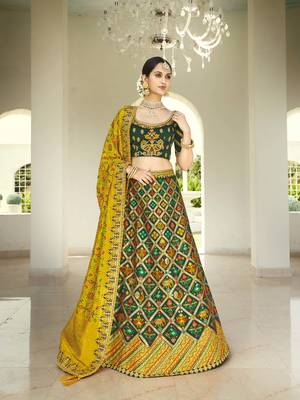 Green embroidered jacquard semi stitched lehenga 1