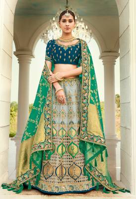 Grey embroidered jacquard semi stitched lehenga 1