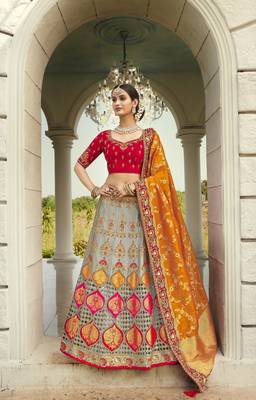 Grey embroidered jacquard semi stitched lehenga 1