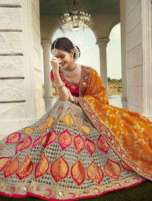 Grey embroidered jacquard semi stitched lehenga 2
