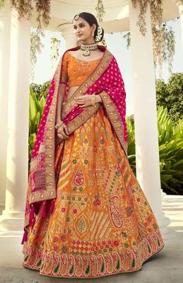 Orange embroidered jacquard semi stitched lehenga 1