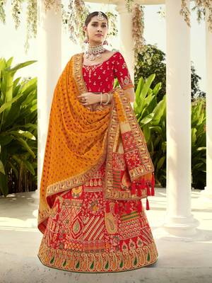 Red embroidered jacquard semi stitched lehenga 1
