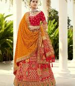 Red embroidered jacquard semi stitched lehenga