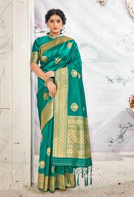 teal woven silk blend saree with blouse 1