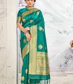 Teal woven silk saree with blouse