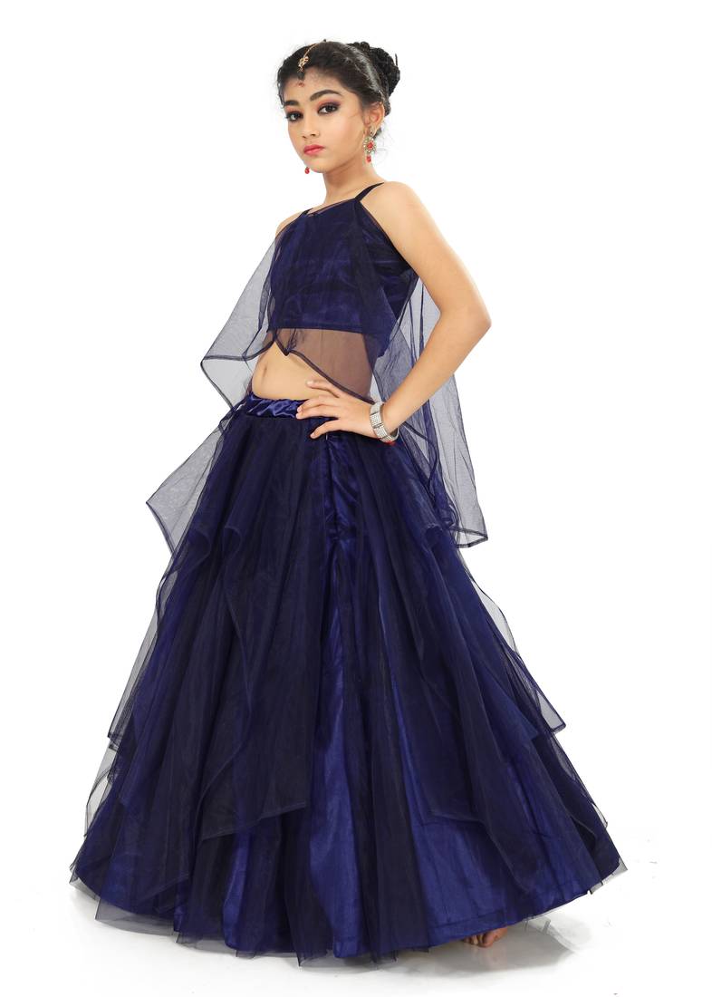 Kids Blue Net With Satin Lehenga Choli 