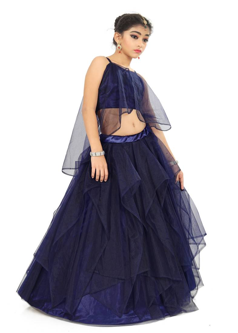 Kids Blue Net With Satin Lehenga Choli 
