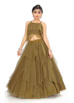 Kids Golden Net With Satin Lehenga Choli For Girls  1