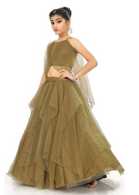 Kids Golden Net With Satin Lehenga Choli For Girls  2