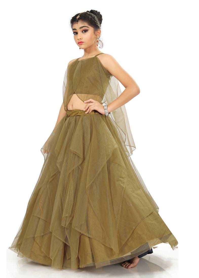 Kids Golden Net With Satin Lehenga Choli For Girls 